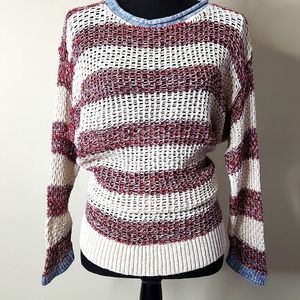 Linen cotton White striped Crochet French Style Crewneck sweater